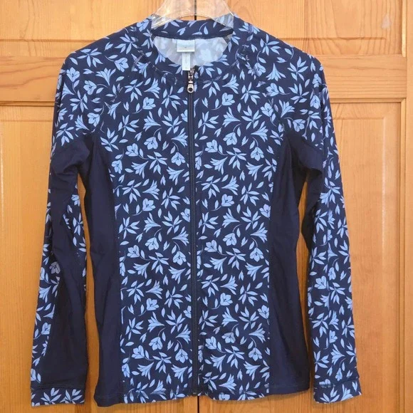 Draper James x Helen Jon Womens Navy Blue Floral Full Zip Rash Guard Swim Top M - Picture 3 of 8
